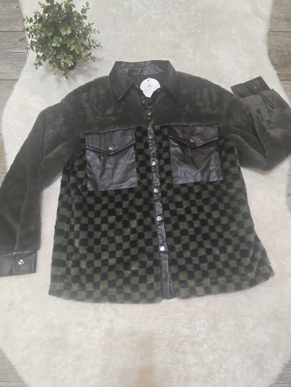 Ces Femme Green & Black Checkered Whimsigoth Faux Fur Faux Leather Shacket, S